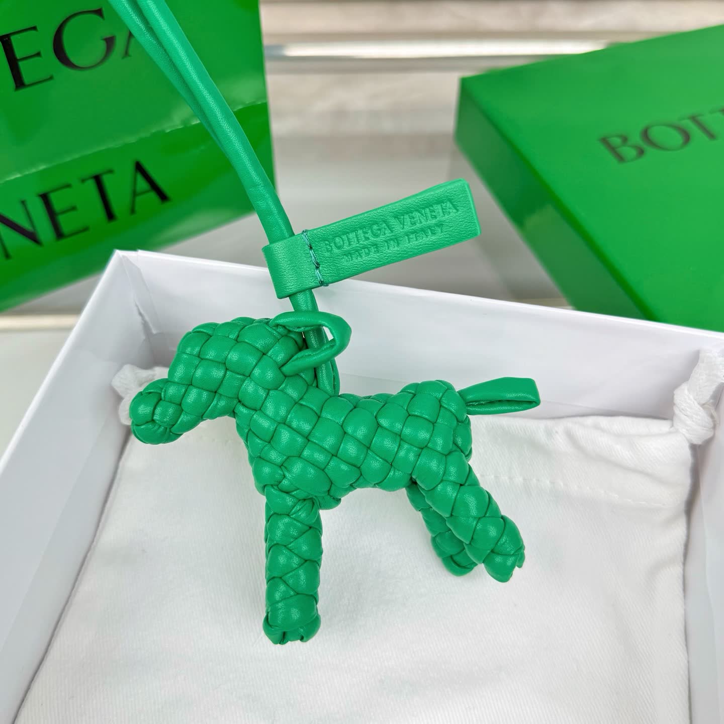 Bottega Veneta Green Leather Keychain